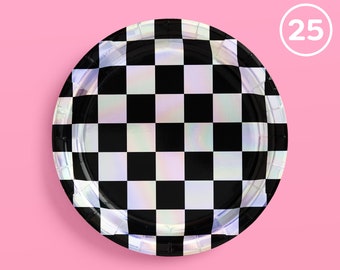 xo, Fetti Black and Iridescent Checker Paper Plates - 25 pack | Bday Party Decor, Cute Bach Party, Cool Plates, Checker Disposable Plates