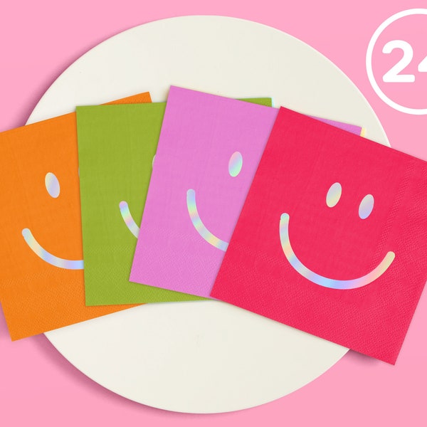 xo, Fetti Smile Party Napkins, 3-ply, 24 pcs - Happy Rainbow Birthday Party Decorations, Cute Bachelorette Party, Cool Cocktail Napkins