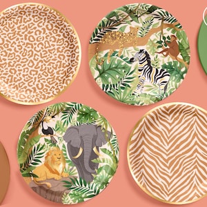 xo, Fetti Animal Print Safari Paper Plates, 4 Designs | 24 pc 9" | Kids Decoration, Jungle Party, Wild Zoo Birthday, Rainforest Table Decor