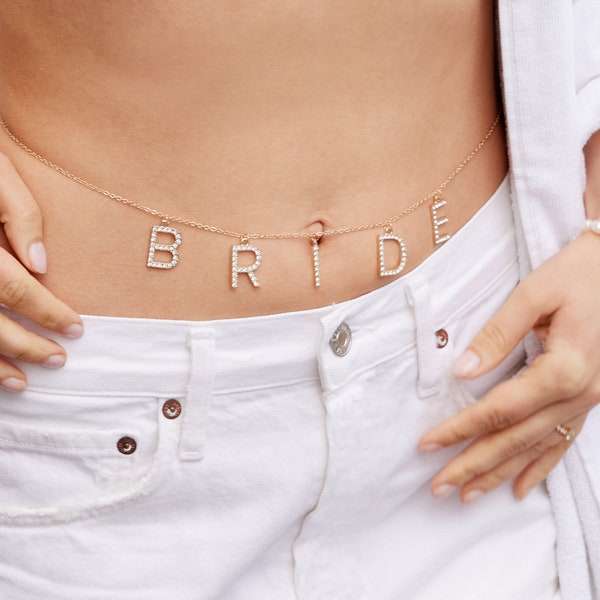 xo, Fetti Rhinestone Bride Belly Body Chain Accessory - Gold + Adjustable | Bachelorette Bikini Chain Decorations, Bride Beach Waist Chain