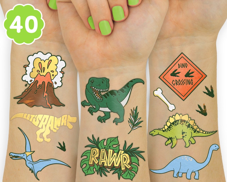 Dinosaur Temporary Tattoos, Kids Temporary Tattoos Dinosaur Birthday Party Supplies, Dinosaur Party Favors, T-rex Decorations, Dino Stickers image 1