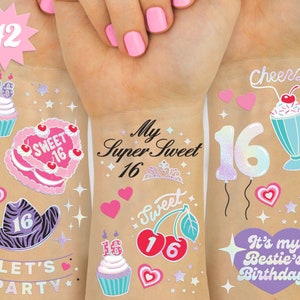 Sweet 16 Birthday Temporary Tattoos - 42 Metallic Styles | Birthday Party Decorations, 16th Bday, Bday Girl Gift, Birthday Goodie Bag Favor