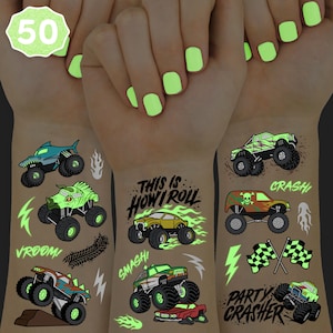 xo, Fetti Glow In The Dark Monster Truck Temporary Tattoos - 50 Foil Styles | Truck Birthday Party Decorations, Pick Up Truck Party Favors