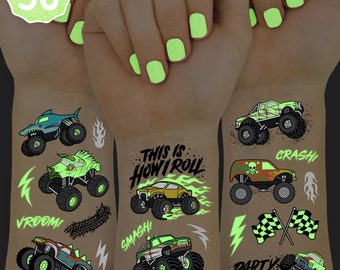 May include: Fifty glow-in-the-dark temporary tattoos featuring monster trucks with phrases like "This is How I Roll", "Vroom", "Smash", "Party Crasher", and "Crash".