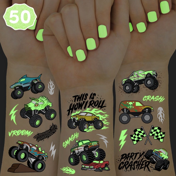 xo, Fetti Tatouages temporaires phosphorescents Monster Truck - 50 styles de papier d'aluminium | Décorations de fête d'anniversaire de camion, articles de cadeau de camionnette