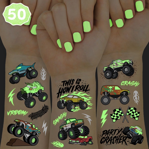 xo, Fetti Glow In The Dark Monster Truck Temporary Tattoos - 50 Foil Styles | Truck Birthday Party Decorations, Pick Up Truck Party Favors