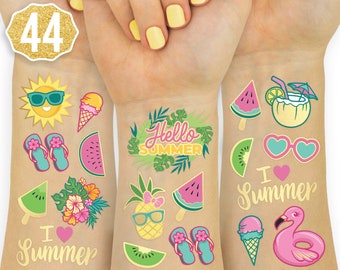 Summer Pool Party Temporary Tattoos for Kids - Glitter styles | Birthday Party Supplies, Beach Party Favors + Tropical Decor