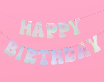 xo, Fetti Iridescent Happy Birthday Foil Banner - 5 Ft. | Bday Party Decorations, 70s Cool Birthday Decor, Silver Sweet 16, 21st