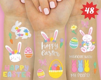 Easter Party Supplies Temporary Tattoos - 48 Glitter Styles | Easter Bunny Decorations, Easter Basket, Easter Eggs Activity