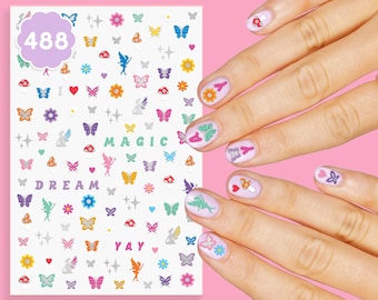 Butterfly Nail Stickers Kids - 488 decals | Birthday Girl Party Favor, DIY Home Activity, Magic Gift, Cute Nail Art Transfer, Fairy, Flowers