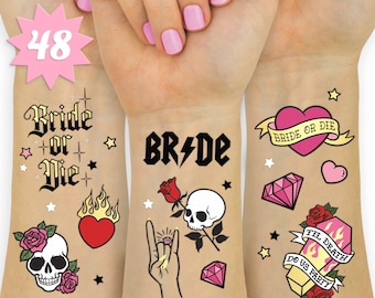 Bride or Die Temporary Tattoos - 48 Glitter Styles | Til Death Do Us Party Bach Decoration, Bridesmaid Favor + Bridal Shower Supplies