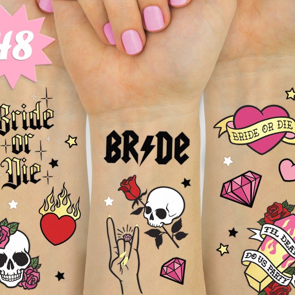 Bride or Die Temporary Tattoos - 48 Glitter Styles | Til Death Do Us Party Bach Decoration, Bridesmaid Favor + Bridal Shower Supplies