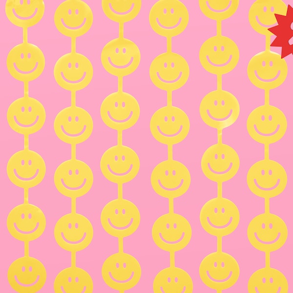 xo, Fetti Happy Face Foil Curtain- Set of 2 | Smiley Decorations, Fun Birthday Photo Booth Props, 90s Party, Pastel Yellow Party Favors