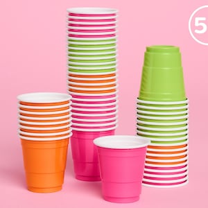 xo, Fetti Pink, Orange + Green Plastic Shot Glasses - 50 Disposable 2 oz Cups | Neon Bachelorette Drinkware, Rave Birthday, Groovy Party