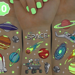 Space + Planets Glow in Dark Temporary Tattoos for Kids - 50 pcs | Alien Birthday Party Supplies, Astronaut Favors + Rocket ship Decorations