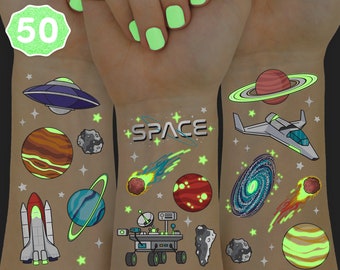 Space + Planets Glow in Dark Temporary Tattoos for Kids - 50 pcs | Alien Birthday Party Supplies, Astronaut Favors + Rocket ship Decorations