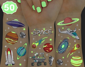 Space + Planets Glow in Dark Temporary Tattoos for Kids - 50 pcs | Alien Birthday Party Supplies, Astronaut Favors + Rocket ship Decorations