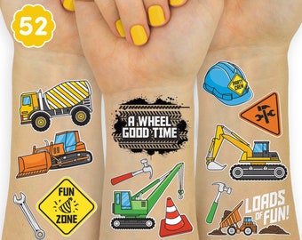Construction Birthday Party Supplies Temporary Tattoos - 52 Metallic Styles Dump Truck Party Favors, Bulldozer Supplies, Hard Hat, Excavator