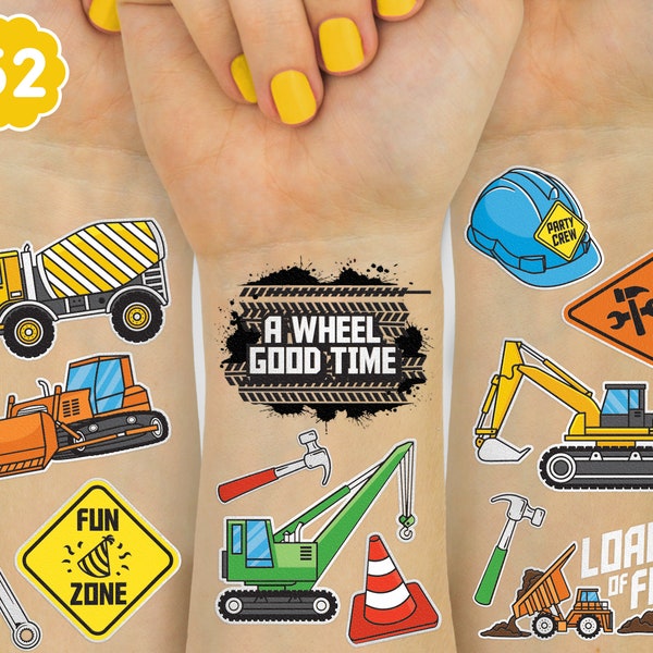 Construction Birthday Party Supplies Temporary Tattoos - 52 Metallic Styles Dump Truck Party Favors, Bulldozer Supplies, Hard Hat, Excavator