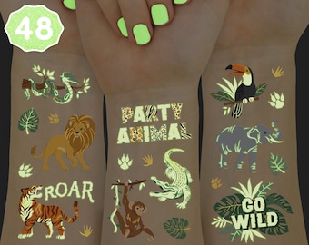 xo, Fetti Jungle Animal Glow in Dark Temporary Tattoos for Kids - 52 Pcs | Party Decorations, Wild Animal Bday Favors, Safari Baby Shower
