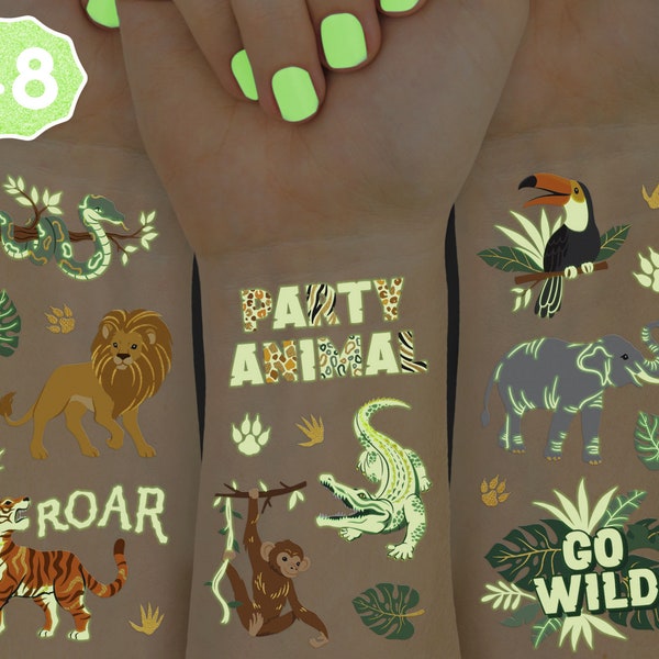 xo, Fetti Jungle Animal Glow in Dark Temporary Tattoos for Kids - 52 Pcs | Party Decorations, Wild Animal Bday Favors, Safari Baby Shower