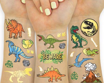 xo, Fetti Dinosaur Temporary Tattoos - Gold Foil, 44 pcs | Kids Jurassic Birthday Party Supplies, Dino Party Favor, T-Rex Fossil Decorations