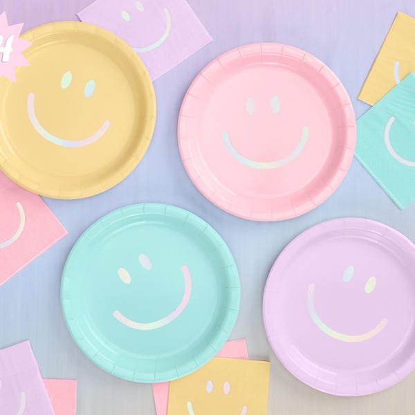 Smiley Paper Plates - 24 pk, 9" | Happy Pastel Birthday Party Decorations, Cute Bachelorette Party, Cool Cake Plates, Pastel Picnic, Table