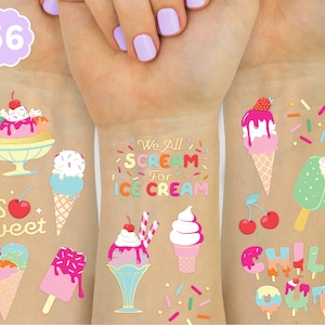 Ice Cream Birthday Party Temporary Tattoos for Kids - 56 Glitter Styles | Dessert, Sweet Baby Shower Party Supplies, Arts and Crafts