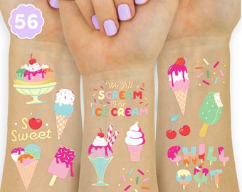 Ice Cream Birthday Party Temporary Tattoos for Kids - 56 Glitter Styles | Dessert, Sweet Baby Shower Party Supplies, Arts and Crafts