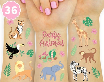Jungle Temporary Tattoos - 36 styles | Elephant Arts + Craft, Wild Animal Birthday Party Supplies, Giraffe Baby Shower, Girl Tiger, Lion