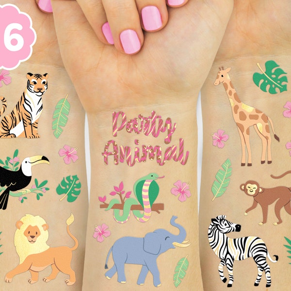 Jungle Temporary Tattoos - 36 styles | Elephant Arts + Craft, Wild Animal Birthday Party Supplies, Giraffe Baby Shower, Girl Tiger, Lion