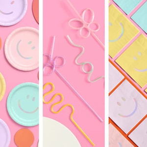 xo, Fetti Pastel Birthday Party Bundle - 68 Pieces, Pastel Smiley Napkins, Plates + Straws | Birthday Party Decorations, Pastel Party Decor