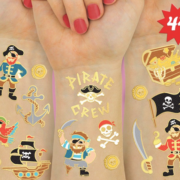 Pirate Party Supplies Temporary Tattoos - 44 Glitter Styles | Nautical Birthday, Skull Crew, Treasure, Pirate Ship