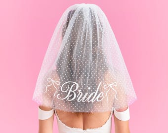 xo, Fetti Bride Veil Dotted Tulle | Bachelorette Bride To Be Bridal Shower Engagement Party White Embroidered Bows Coquette Polka Dots Girly