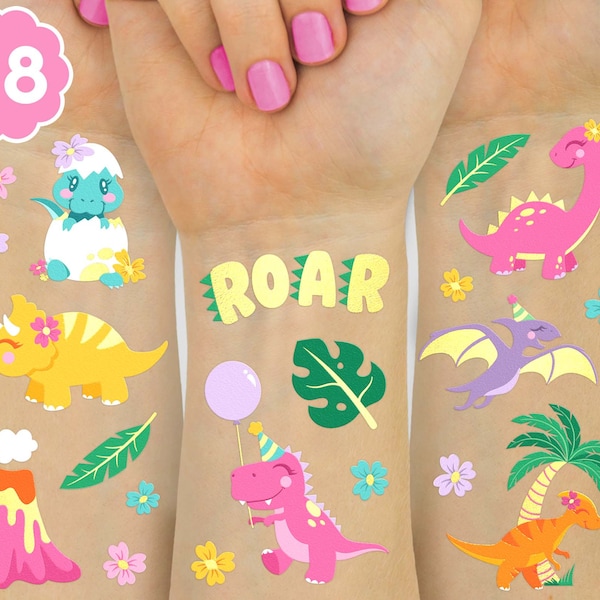 Dinosaur Tattoos for Kids - 38 styles | Birthday Party Supplies Girl, Dinosaur Party Favors, T-rex Decorations