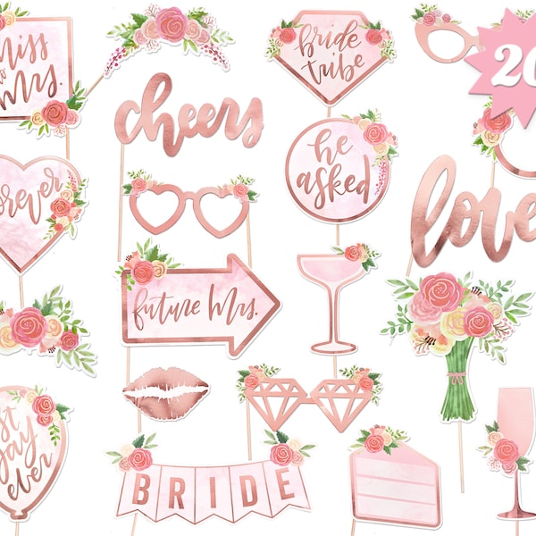 Bridal Shower Photo Booth Props - 21 pieces, pre-assembled - Rose Gold Bachelorette Party Decorations, Bride To Be, Miss to Mrs, Wedding