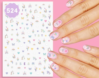 Kids Unicorn Nail Stickers - 524 Decals | Birthday Girl Party Favors, DIY Home Activity, Gift, Cute Nail Transfer, Rainbow, Butterfly