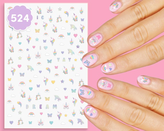 Kids Unicorn Nail Stickers - 524 Decals | Birthday Girl Party Favors, DIY Home Activity, Gift, Cute Nail Transfer, Rainbow, Butterfly