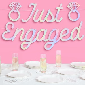 xo, Fetti Just Engaged Iridescent Foil Banner - 5 Ft | Engagement Party Decoration, Diamond Ring Decor, Bachelorette Backdrop, Bridal Shower