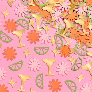 May include: Pink background with confetti featuring green lime slices, orange flowers, gold stars, and gold margarita glasses.