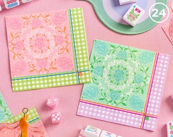 xo, Servilletas de papel para fiesta con cuadros vichy florales Fetti - 24 servilletas de papel / Mahjong, fiesta de té en el jardín, decoración de Pascua para cumpleaños de primavera, rosa pastel, verde y morado