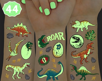 Petit Fetti Dinosaur Temporary Tattoos for Kids - 44 Glow In The Dark Pcs | Birthday Party Supplies, Dinosaur Party Favors, T-rex Decoration