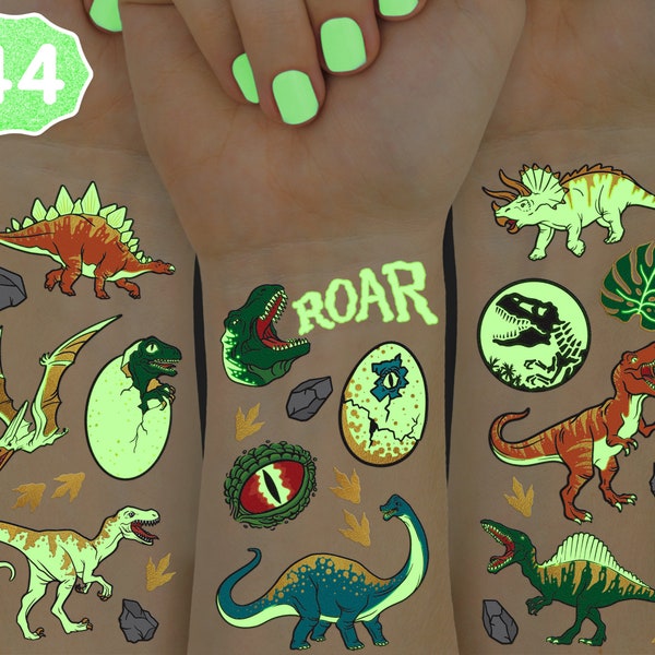 Petit Fetti Dinosaur Temporary Tattoos for Kids - 44 Glow In The Dark Pcs | Birthday Party Supplies, Dinosaur Party Favors, T-rex Decoration