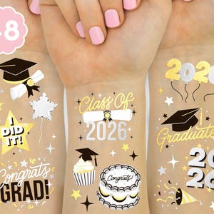 xo, Fetti 2026 Graduation Temporary Tattoos - 48 Foil Styles | New Grad Party Decorations, College Graduate Accessory, Senior School Gift