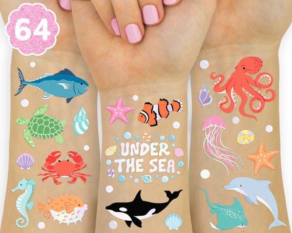 xo, Fetti Underwater Sea Creature Temporary Tattoos - 64 Styles | Ocean Animal Birthday Party, Aquarium Activity, Fish Tats, Kids Bday Decor