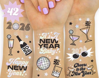 xo, Fetti New Years Eve Party Supplies Tattoos - 42 NYE Metallic Temporary Tattoos | NYE Party Favors, Disco Decor, NYE 2025 Decorations