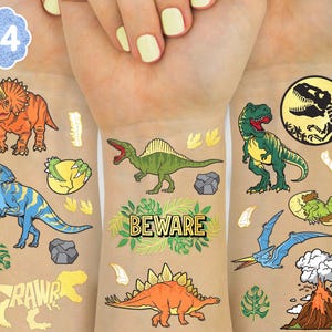 xo, Fetti Dinosaur Temporary Tattoos - Gold Foil, 44 pcs | Kids Jurassic Birthday Party Supplies, Dino Party Favor, T-Rex Fossil Decorations