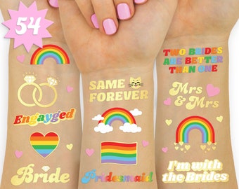 Bride Pride Temporary Tattoos - 54 Glitter Styles | Mrs and Mrs Bach Party Decoration, Bride to Be Gift + Lesbian Rainbow Bridal Shower