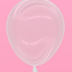 May include: A clear, transparent balloon with a white string attached to the bottom. The balloon is against a pink background.