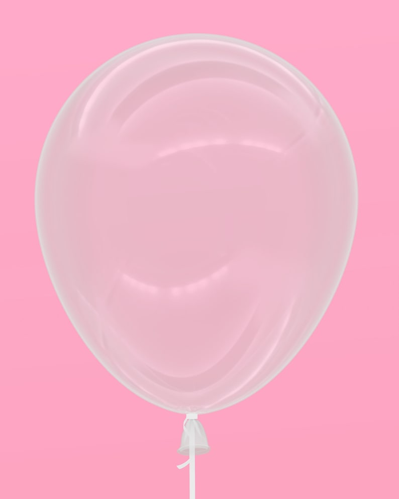 May include: A clear, transparent balloon with a white string attached to the bottom. The balloon is against a pink background.